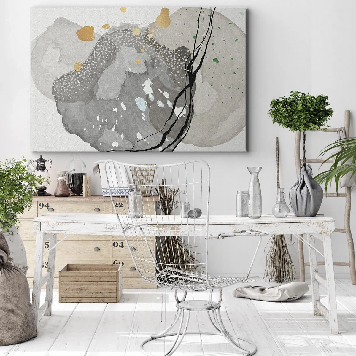 Bild auf Leinwand - Leinwandbild - Organische Formen in Grautönen mit Akzenten in Schwarz und Gold - 70x50cm - Organische Komposition - Moderne Wanddekoration für Wohnzimmer und Schlafzimmer ARTTOR