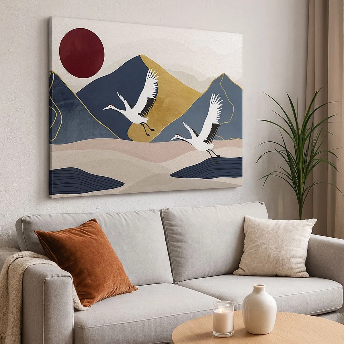 Bild auf Leinwand - Leinwandbild - Kraniche im Flug vor der Kulisse der Berge und einer roten Sonne - 70x50cm - Es ist wieder ein Tag VERFLOGEN - Moderne Wanddekoration für Wohnzimmer und Schlafzimmer ARTTOR