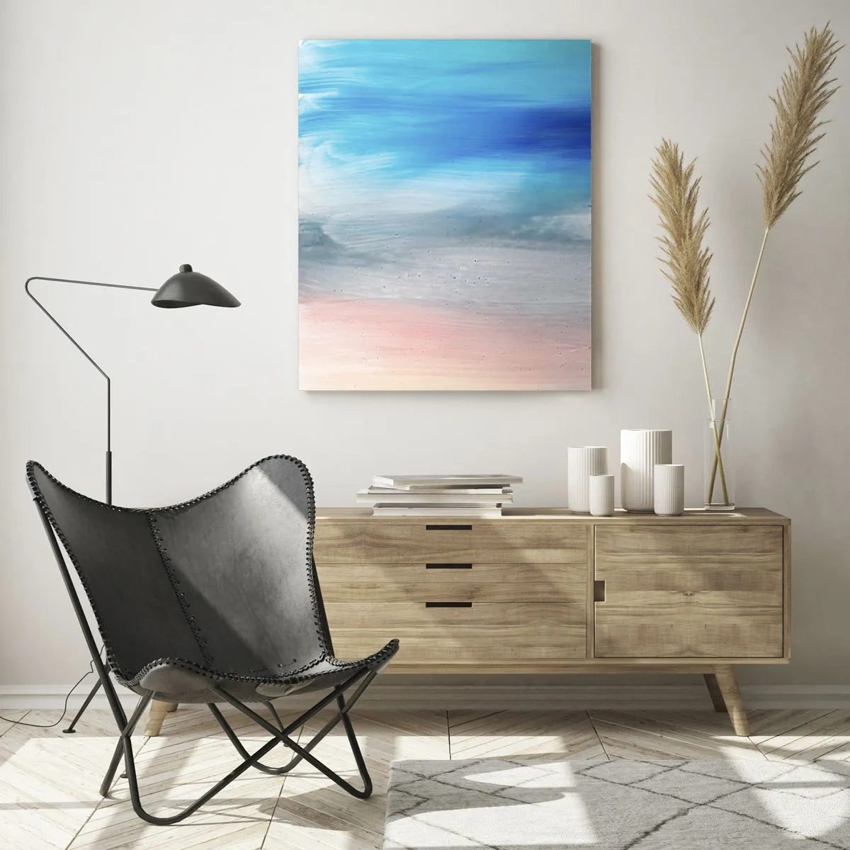 Glasbild - Bild auf glas - Vertikale Streifen in Pastell- und Blautönen in einem abstrakten Stil. - 50x70cm - Elemente: Luft - Moderne Wanddekoration für Wohnzimmer und Schlafzimmer ARTTOR