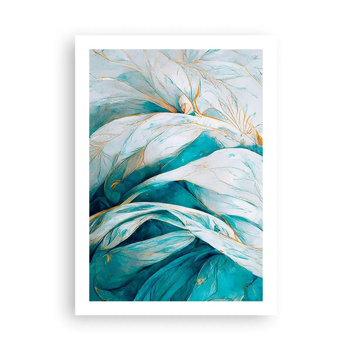Poster - Abstrakte Blätter in Türkis- und Weißtönen mit zartem Gold - 50x70cm - Blaue Abstraktion mit goldenem Motiv - Moderne Wanddekoration für Wohnzimmer und Schlafzimmer ARTTOR