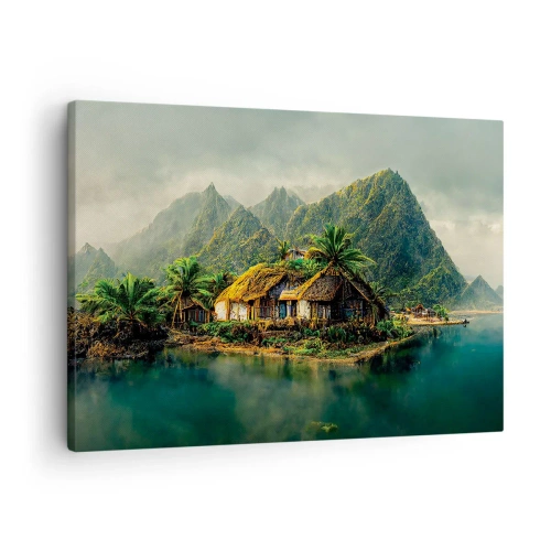 Bild auf Leinwand - Leinwandbild - Eine tropische Insel mit Palmen und Bergen im Hintergrund - 70x50cm - Tropisches Paradies - Moderne Wanddekoration für Wohnzimmer und Schlafzimmer ARTTOR
