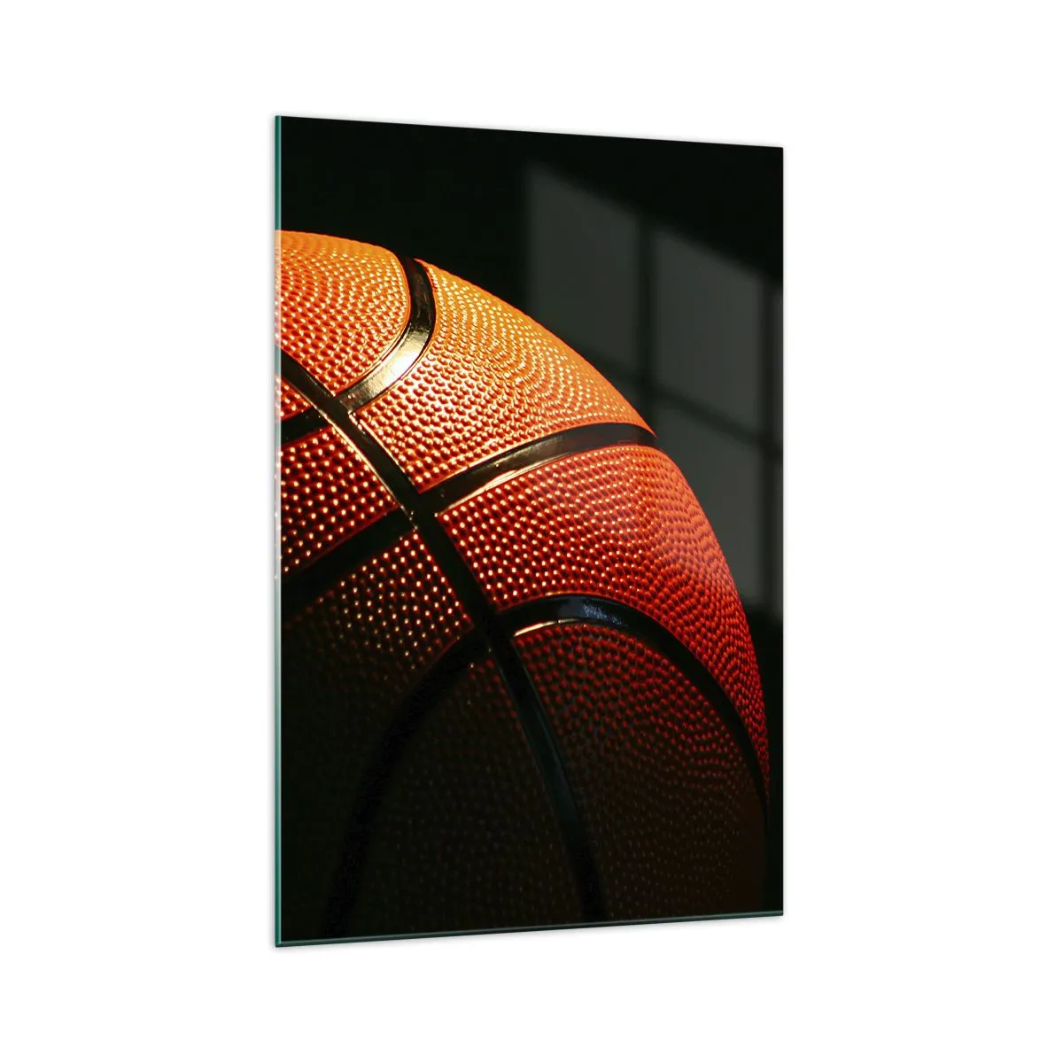 Glasbild - Bild auf glas - Nahaufnahme eines Basketballs vor schwarzem Hintergrund - 70x100cm - Schön wie ein Planet - Moderne Wanddekoration für Wohnzimmer und Schlafzimmer ARTTOR