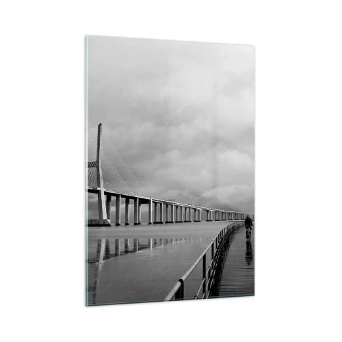 Glasbild - Bild auf glas - Eine Brücke in einer monochromen Landschaft mit einem Radfahrer - 50x70cm - Jedem das Verdiente - Moderne Wanddekoration für Wohnzimmer und Schlafzimmer ARTTOR