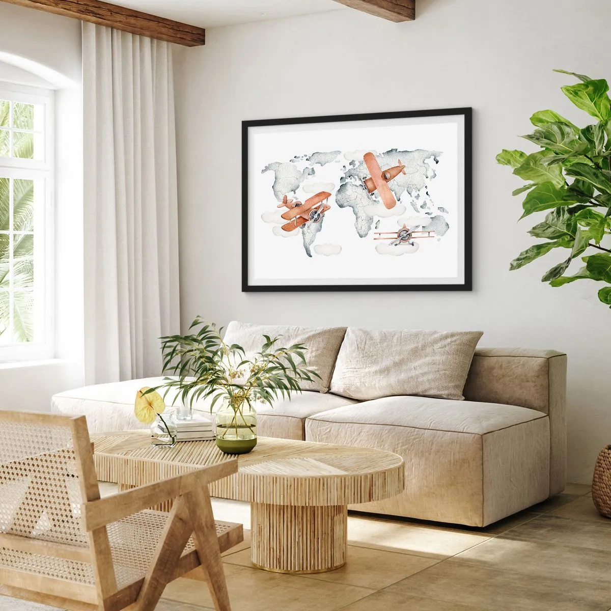 Poster in einem schwarzem Rahmen - Illustration einer Weltkarte mit Flugzeugen - 70x50cm - Im Pioniergeist - Moderne Wanddekoration für Wohnzimmer und Schlafzimmer ARTTOR