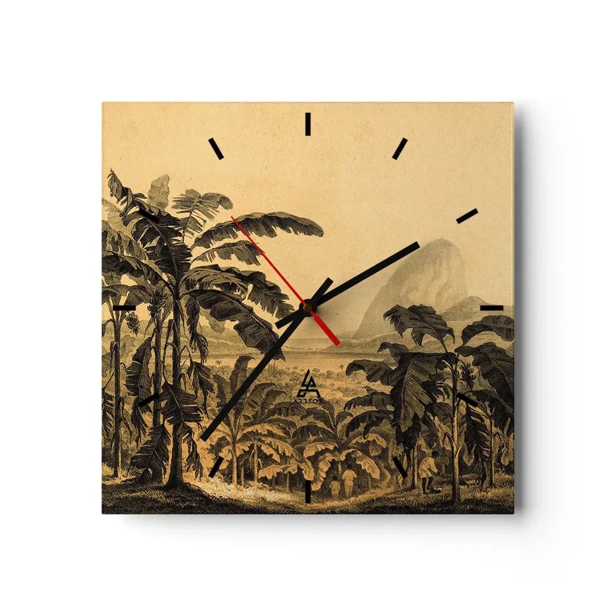 Wanduhr - Glasuhr - Zeichnung von Bananenbäumen vor dem Hintergrund einer tropischen Landschaft - 30x30cm - in einem kolonialen Klima - Moderne Wanddekoration für Wohnzimmer und Schlafzimmer ARTTOR