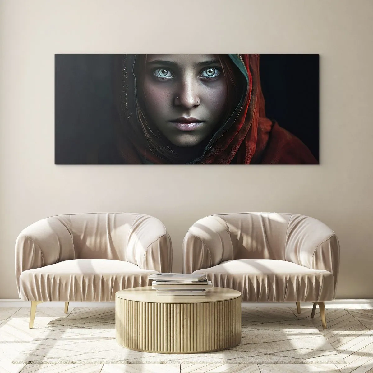 Glasbild - Bild auf glas - Porträt einer Frau mit intensivem Blick in warmen Farben - 120x50cm - Prinzessin aus dem Osten - Moderne Wanddekoration für Wohnzimmer und Schlafzimmer ARTTOR