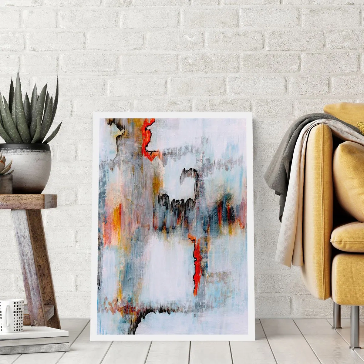 Poster - Eine abstrakte Komposition mit Grautönen und roten Akzenten. - 50x70cm - Ein Stock auf dem Wasser - Moderne Wanddekoration für Wohnzimmer und Schlafzimmer ARTTOR