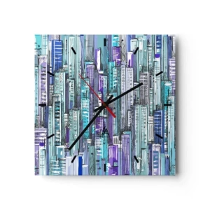 Wanduhr - Glasuhr - Illustration einer Stadt mit geometrischen Gebäuden in Blau- und Lilatönen. - 30x30cm - Bläulich von dem Himmel - Moderne Wanddekoration für Wohnzimmer und Schlafzimmer ARTTOR