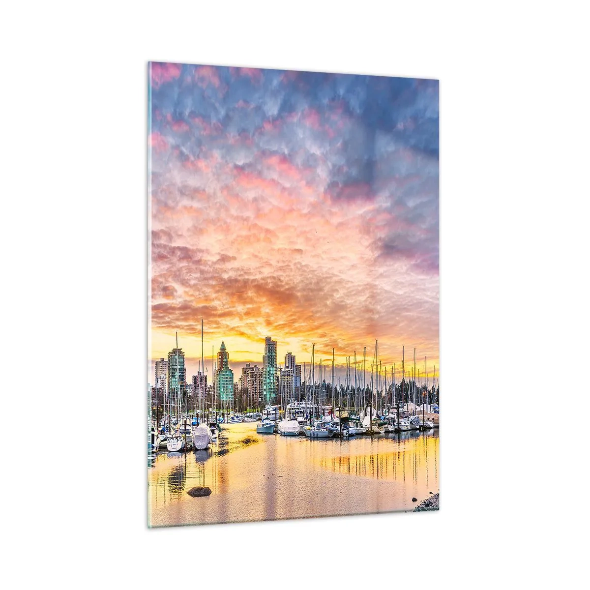 Glasbild - Bild auf glas - Sonnenuntergang über dem Yachthafen mit Booten und Wolkenkratzern - 50x70cm - Die Stadt der tausend Seefahrer - Moderne Wanddekoration für Wohnzimmer und Schlafzimmer ARTTOR