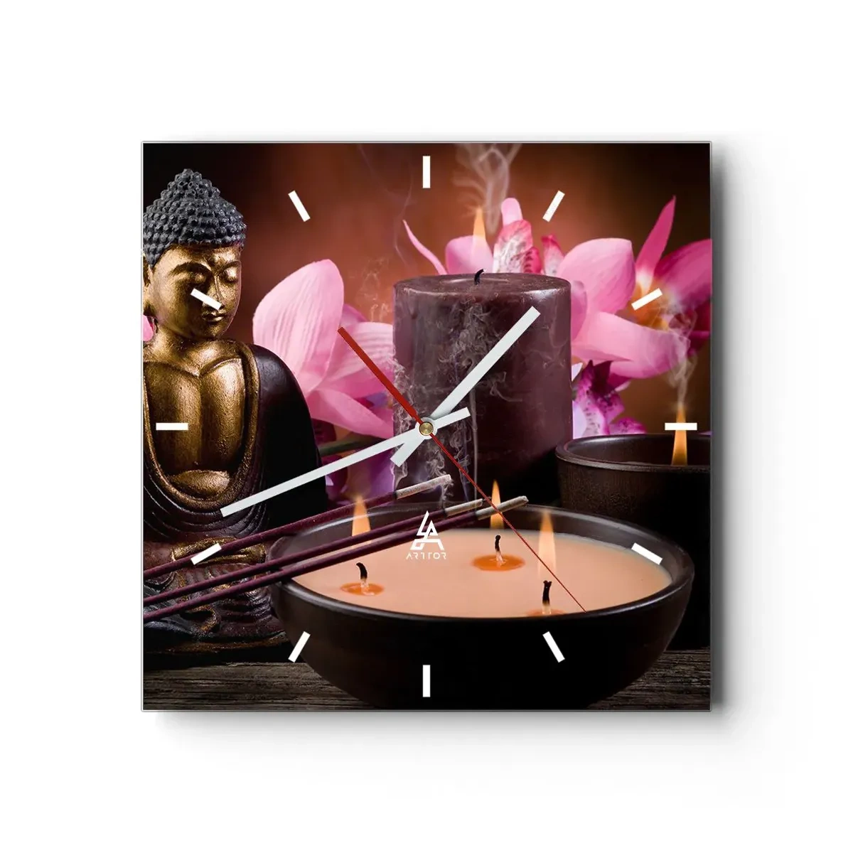 Wanduhr - Glasuhr - Buddha-Figur mit brennenden Kerzen und Räucherstäbchen - 30x30cm - Den Geist frei machen, den Körper beruhigen - Moderne Wanddekoration für Wohnzimmer und Schlafzimmer ARTTOR