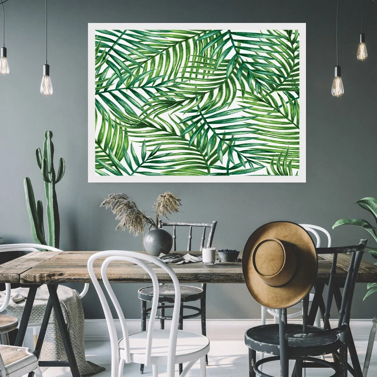Poster - Grüne tropische Palmblätter auf hellem Hintergrund - 100x70cm - Unter dem grünen Baldachin - Moderne Wanddekoration für Wohnzimmer und Schlafzimmer ARTTOR
