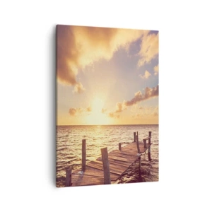 Bild auf Leinwand - Leinwandbild - Ein Holzsteg führt in Richtung Sonnenuntergang - 50x70cm - Das goldene Land der Sanftmut - Moderne Wanddekoration für Wohnzimmer und Schlafzimmer ARTTOR