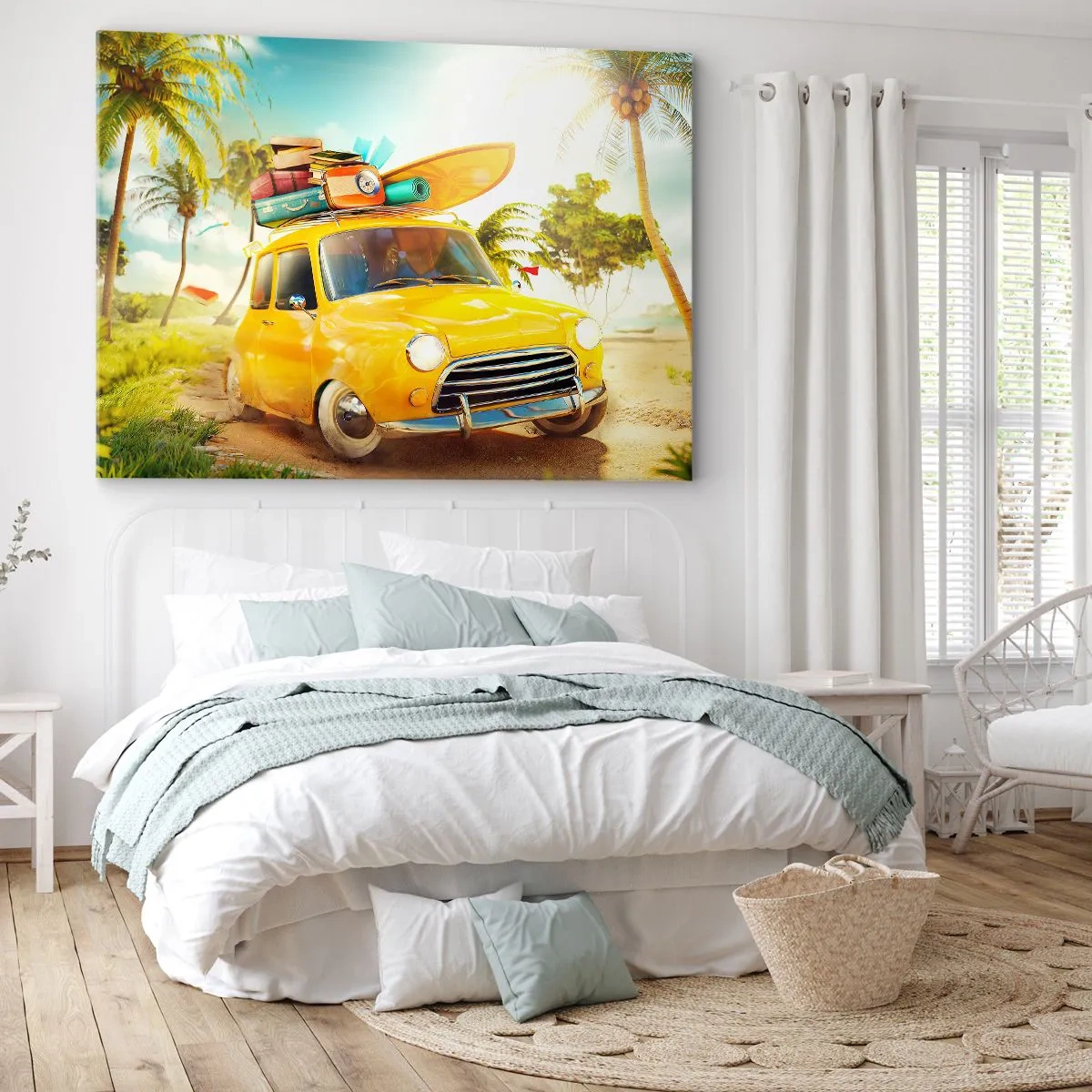 Bild auf Leinwand - Leinwandbild - Ein gelbes Auto mit Gepäck vor einer tropischen Landschaft - 100x70cm - Eine Reise für mehr als ein Lächeln - Moderne Wanddekoration für Wohnzimmer und Schlafzimmer ARTTOR