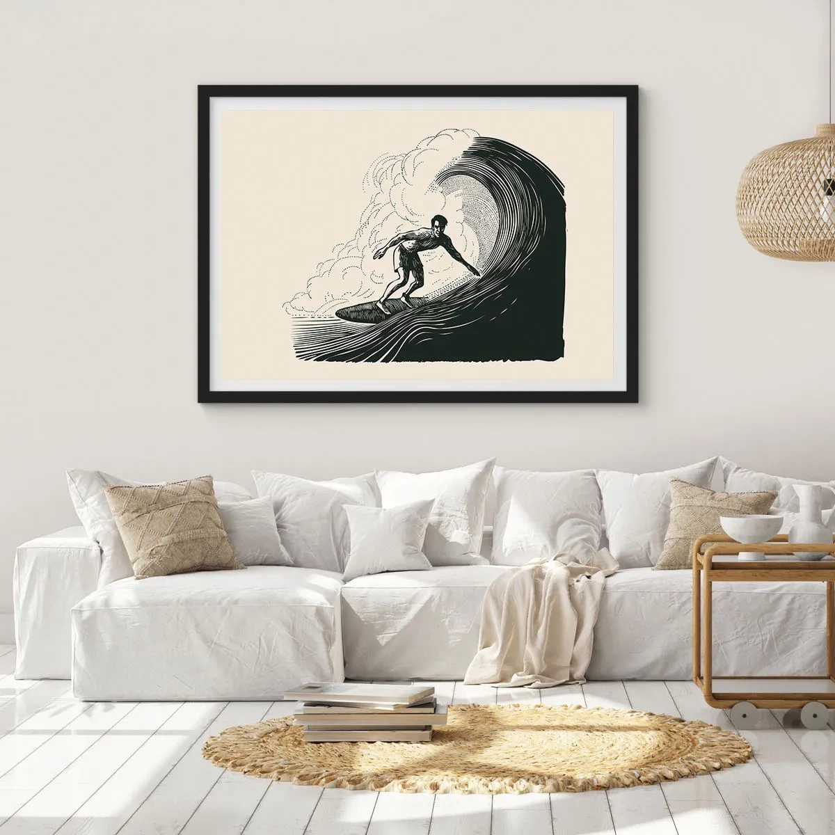 Poster in einem schwarzem Rahmen - Schwarz-Weiß-Grafik eines Surfers, der auf einer Welle reitet - 100x70cm - König der Welle - Moderne Wanddekoration für Wohnzimmer und Schlafzimmer ARTTOR