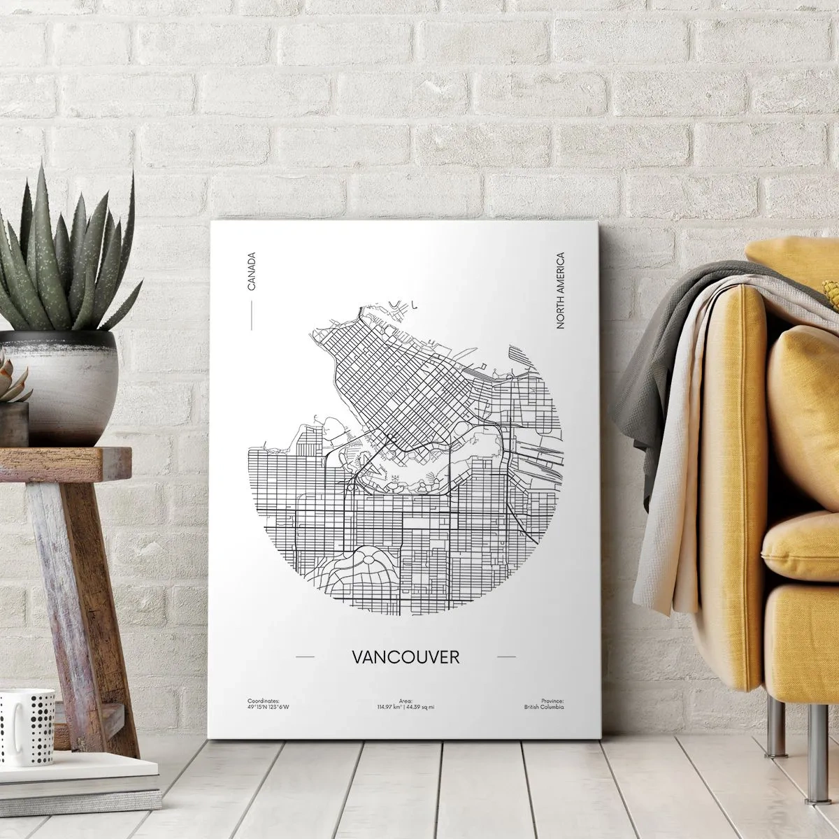 Bild auf Leinwand - Leinwandbild - Eine Karte von Vancouver im minimalistischen Schwarz-Weiß-Stil - 50x70cm - Anatomie von Vacouver - Moderne Wanddekoration für Wohnzimmer und Schlafzimmer ARTTOR
