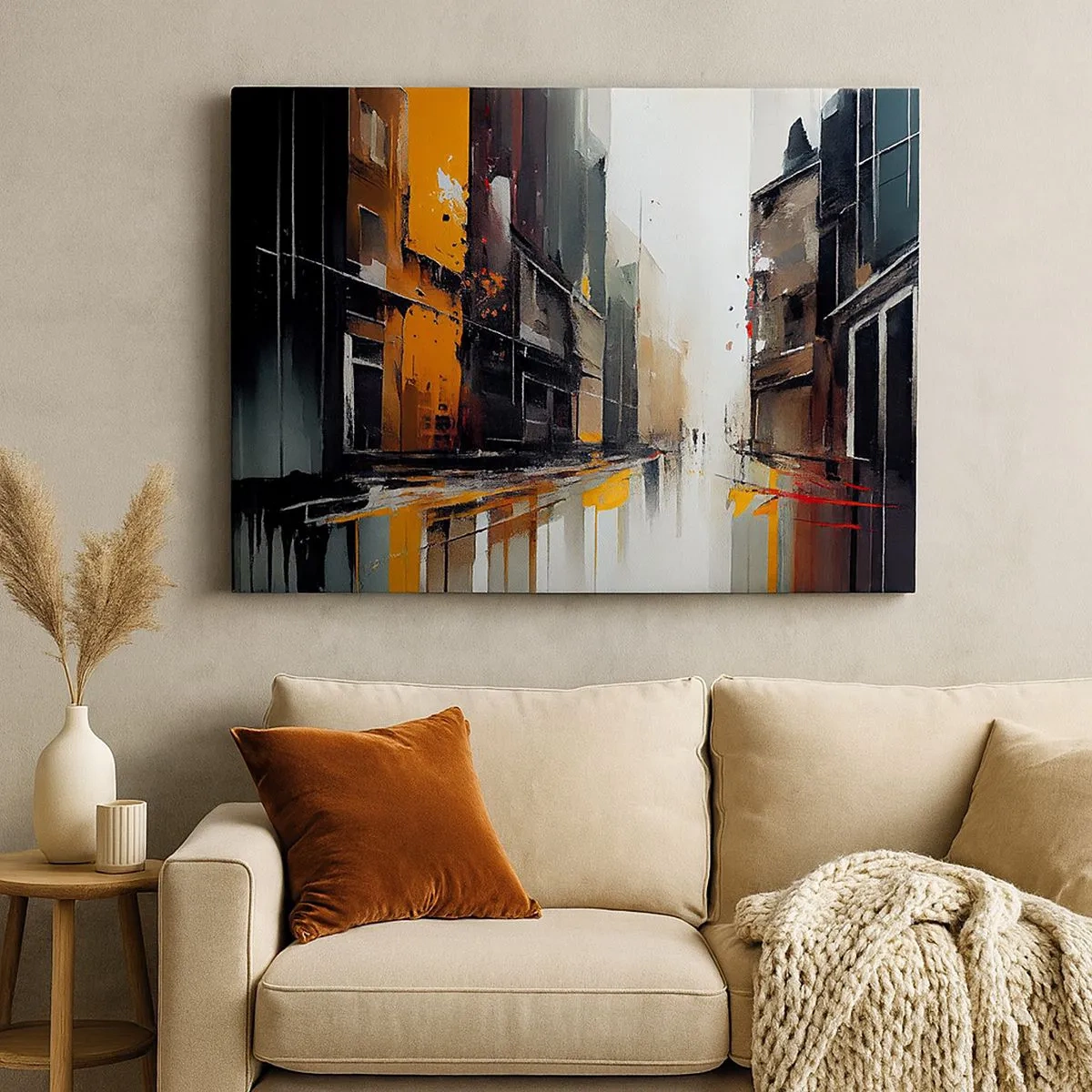Bild auf Leinwand - Leinwandbild - Abstrakte Ansicht einer Stadtstraße im Regen - 70x50cm - Regnerischer Tag - Moderne Wanddekoration für Wohnzimmer und Schlafzimmer ARTTOR