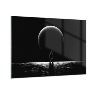 Glasbild - Bild auf glas - Astronaut steht vor einem Planeten in Schwarzweiß - 100x70cm - Angesicht zu Angesicht - Moderne Wanddekoration für Wohnzimmer und Schlafzimmer ARTTOR