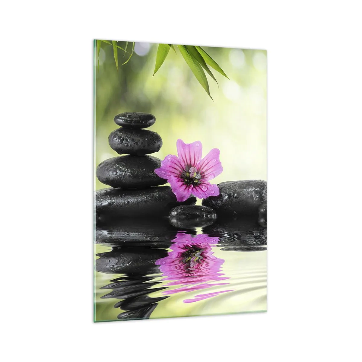 Glasbild - Bild auf glas - Zen-Steine und eine rosa Blume spiegeln sich im Wasser - 70x100cm - Zeit für die Seele - Moderne Wanddekoration für Wohnzimmer und Schlafzimmer ARTTOR