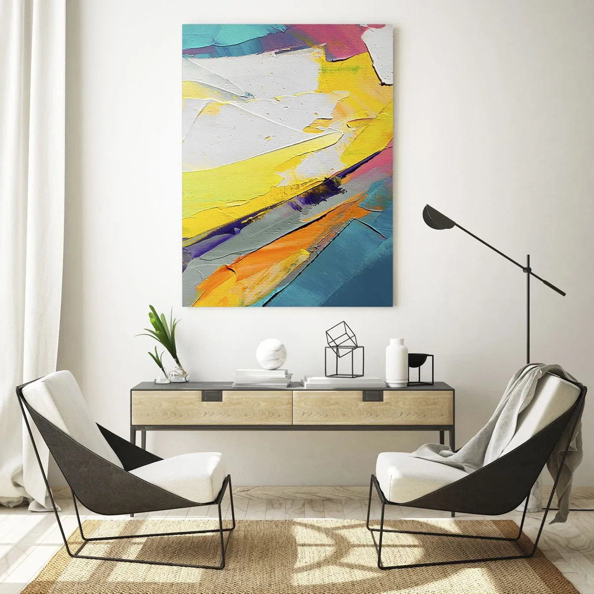 Glasbild - Bild auf glas - Abstrakte Pinselstriche in Gelb, Blau und Weiß - 50x70cm - Die Anatomie des Lichts - Moderne Wanddekoration für Wohnzimmer und Schlafzimmer ARTTOR