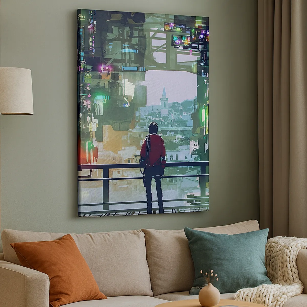 Bild auf Leinwand - Leinwandbild - Eine Figur in einer futuristischen Stadt mit Neonlichtern - 50x70cm - Zwei Welten - Moderne Wanddekoration für Wohnzimmer und Schlafzimmer ARTTOR