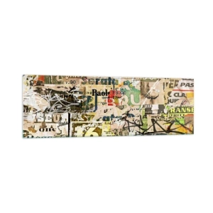 Glasbild - Bild auf glas - Eine Collage aus Zeitungs- und Plakatfragmenten im künstlerischen Stil. - 160x50cm - Ach, es passiert... - Moderne Wanddekoration für Wohnzimmer und Schlafzimmer ARTTOR