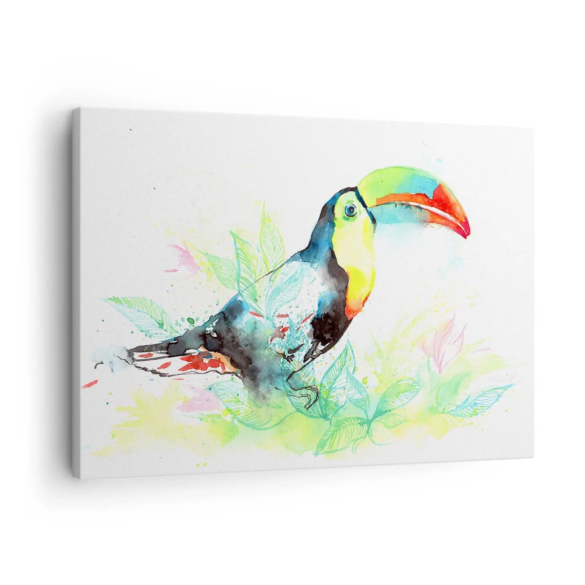 Bild auf Leinwand - Leinwandbild - Aquarell-Illustration eines Tukans auf tropischem Hintergrund - 70x50cm - So bunt wie Südamerika - Moderne Wanddekoration für Wohnzimmer und Schlafzimmer ARTTOR