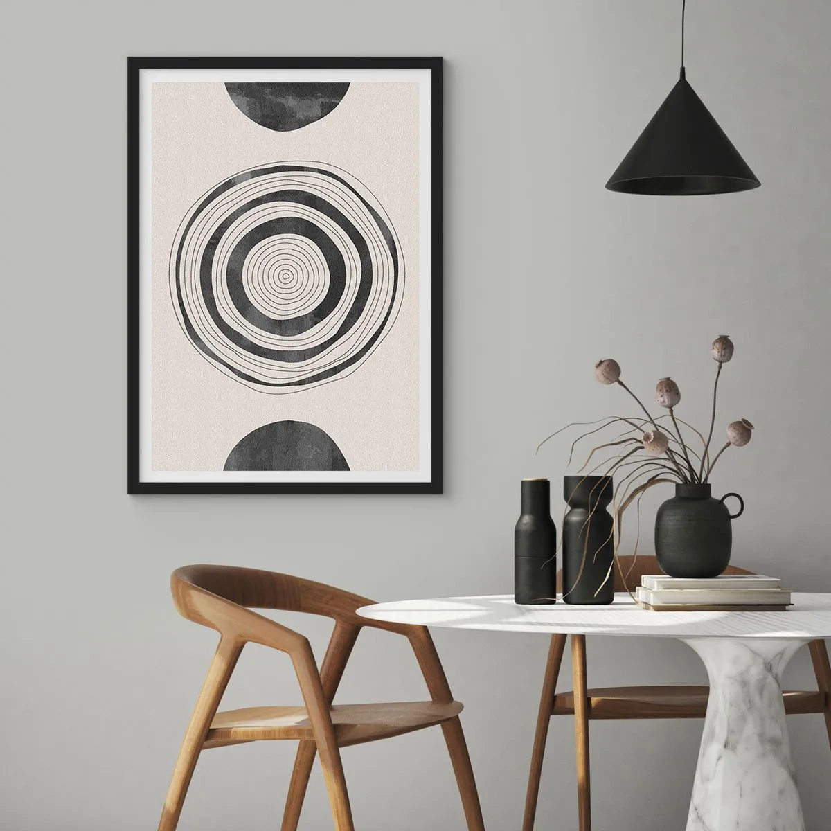 Poster in einem schwarzem Rahmen - Eine minimalistische Komposition aus geometrischen Kreisen - 50x70cm - Wichtig ist, was dazwischen liegt - Moderne Wanddekoration für Wohnzimmer und Schlafzimmer ARTTOR