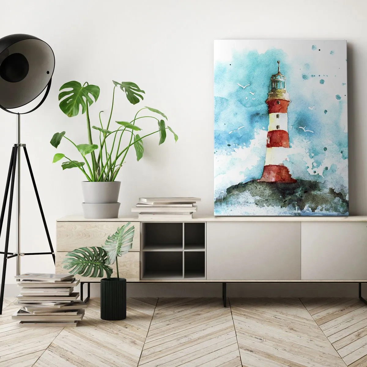 Bild auf Leinwand - Leinwandbild - Ein Leuchtturm in einer Aquarellumgebung mit blauem Hintergrund - 50x70cm - Einheit der Elemente - Moderne Wanddekoration für Wohnzimmer und Schlafzimmer ARTTOR