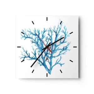 Wanduhr - Glasuhr - Blaue Koralle auf weißem Hintergrund mit minimalistischem Flair - 30x30cm - Nautisches Filigran - Moderne Wanddekoration für Wohnzimmer und Schlafzimmer ARTTOR