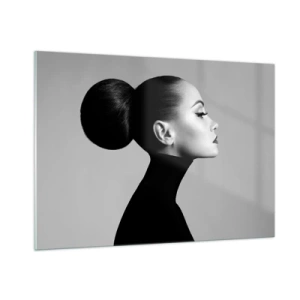 Glasbild - Bild auf glas - Stilvolle Frau in Schwarz vor grauem Hintergrund - 100x70cm - Moderne Nofretete - Moderne Wanddekoration für Wohnzimmer und Schlafzimmer ARTTOR