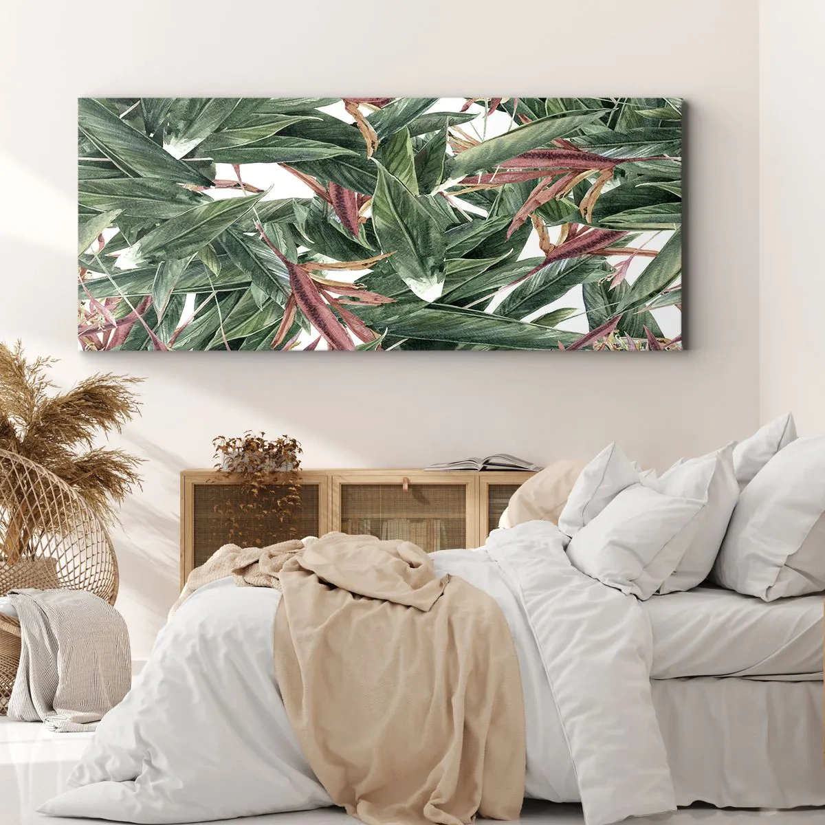 Bild auf Leinwand - Leinwandbild - Ein dekoratives Blattmotiv in Grün- und Burgundertönen auf hellem Hintergrund - 160x50cm - Smaragd-lila Dickicht - Moderne Wanddekoration für Wohnzimmer und Schlafzimmer ARTTOR