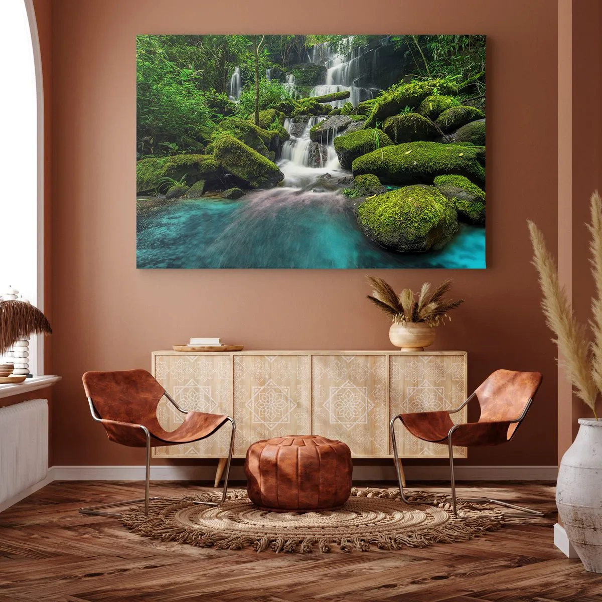Bild auf Leinwand - Leinwandbild - Ein tropischer Wasserfall, umgeben von Grün und türkisfarbenem Wasser - 100x70cm - Türkis, Saphire und flüssiges Silber - Moderne Wanddekoration für Wohnzimmer und Schlafzimmer ARTTOR
