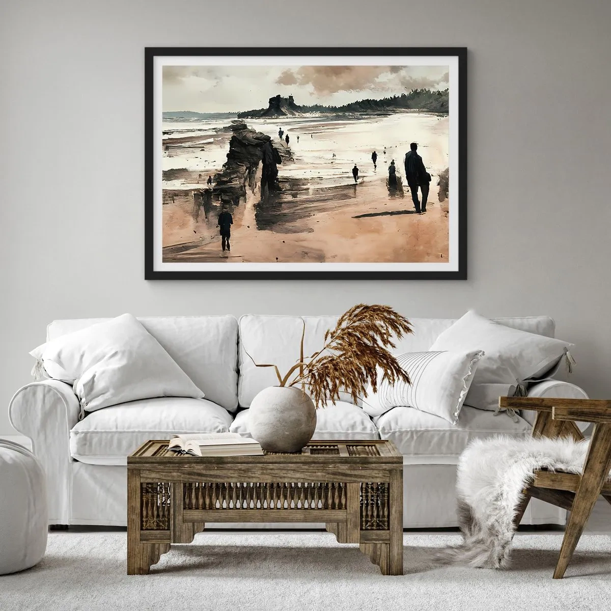 Poster in einem schwarzem Rahmen - Strandspaziergänger in friedlicher Landschaft - 70x50cm - Einberufen - Moderne Wanddekoration für Wohnzimmer und Schlafzimmer ARTTOR