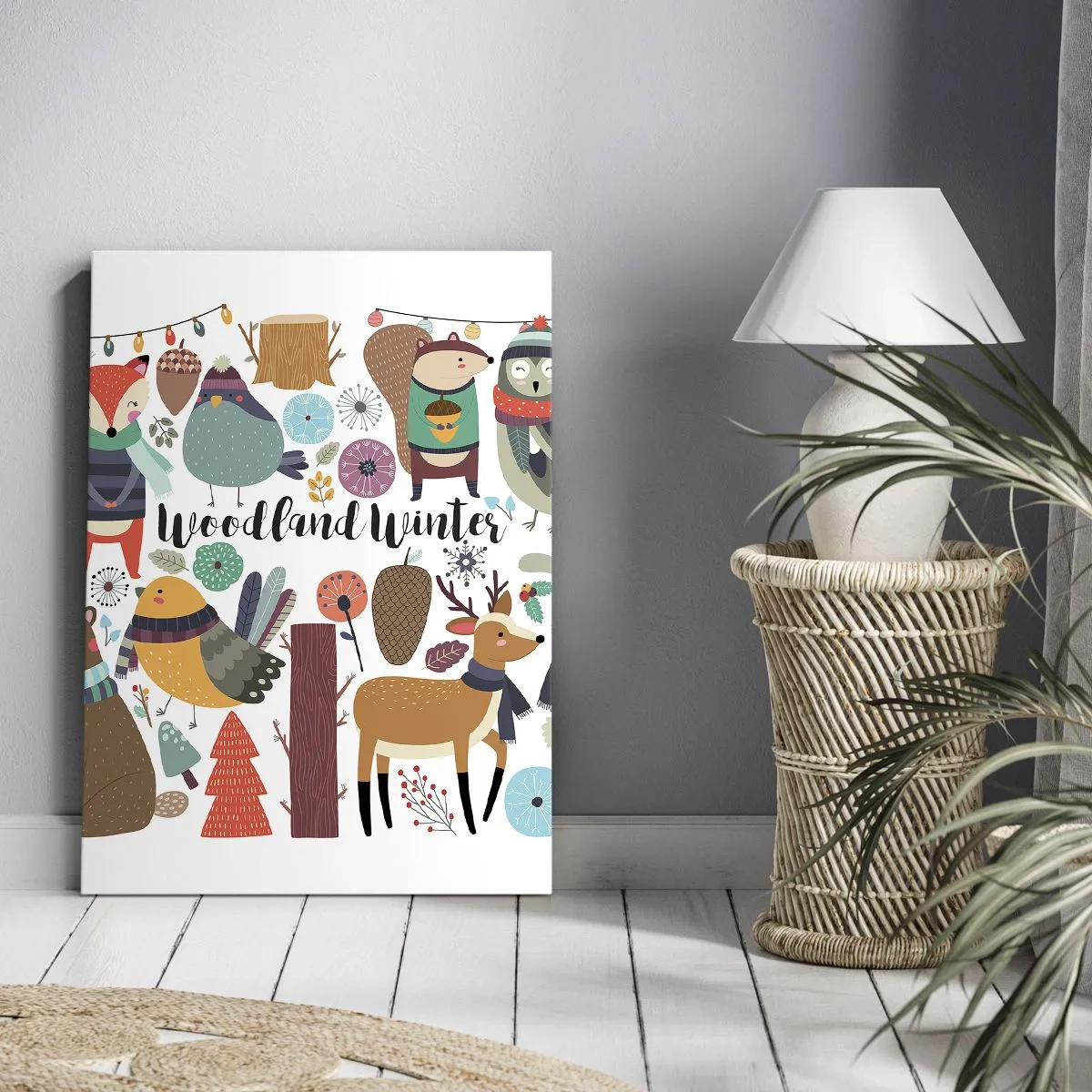 Bild auf Leinwand - Leinwandbild - Winterwaldtiere in farbenfrohen Grafiken - 50x70cm - Märchenhafter Urlaub im Wald - Moderne Wanddekoration für Wohnzimmer und Schlafzimmer ARTTOR