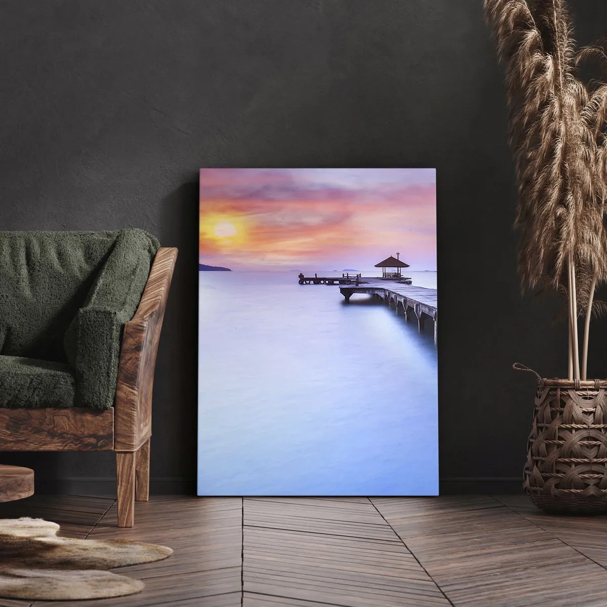 Bild auf Leinwand - Leinwandbild - Holzsteg, der bei Sonnenuntergang auf das Wasser hinausführt - 50x70cm - Ein Meer der Ruhe bis zum Horizont - Moderne Wanddekoration für Wohnzimmer und Schlafzimmer ARTTOR