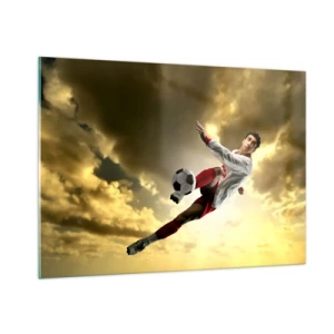 Glasbild - Bild auf glas - Ein Fußballspieler in Aktion vor einem goldenen Himmel - 100x70cm - Fußballhimmel - Moderne Wanddekoration für Wohnzimmer und Schlafzimmer ARTTOR