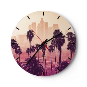Wanduhr - Glasuhr - Sonnenuntergang mit Palmen und der Skyline der Stadt - 30x30cm - Kalifornische Landschaft - Moderne Wanddekoration für Wohnzimmer, Küche und Schlafzimmer ARTTOR