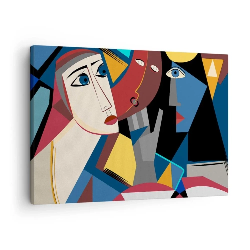 Bild auf Leinwand - Leinwandbild - Kubistische Gesichter in intensiven Farben - 70x50cm - Gespräch zwischen Kubisten - Moderne Wanddekoration für Wohnzimmer und Schlafzimmer ARTTOR