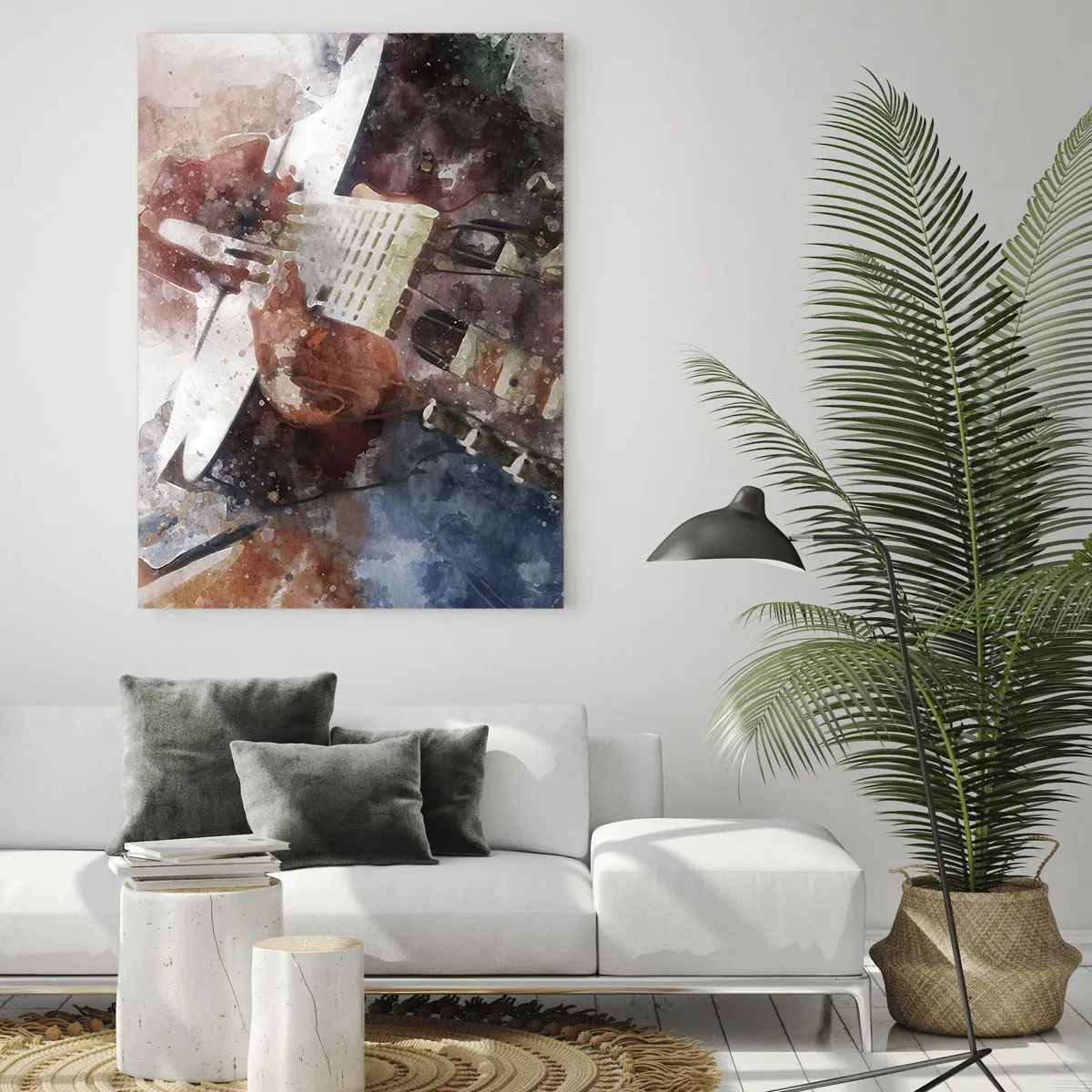 Glasbild - Bild auf glas - Ein Aquarell eines künstlerischen Gitarrenspielers - 50x70cm - Und was halten Sie davon? - Moderne Wanddekoration für Wohnzimmer und Schlafzimmer ARTTOR