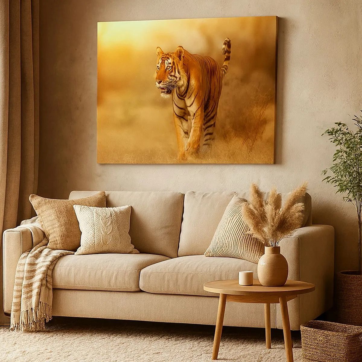 Bild auf Leinwand - Leinwandbild - Ein Tiger, der in warmen Farben durch die Savanne läuft - 70x50cm - Vor dem Angriff - Moderne Wanddekoration für Wohnzimmer und Schlafzimmer ARTTOR
