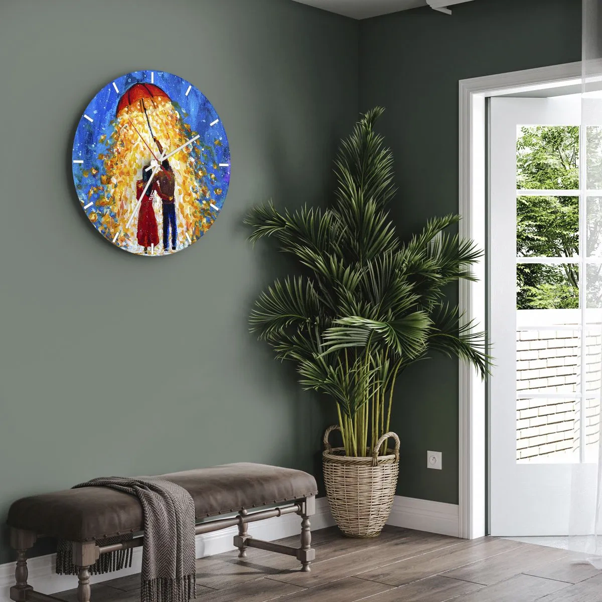 Wanduhr - Glasuhr - Ein Paar unter einem roten Regenschirm in einem leuchtenden Farbenregen - 30x30cm - Zauber eines Regenabends? - Moderne Wanddekoration für Wohnzimmer, Küche und Schlafzimmer ARTTOR