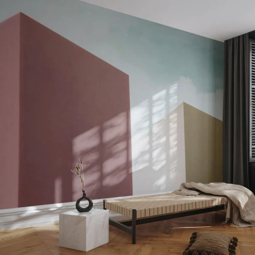 Fototapete Premium Sand - Minimalistische geometrische Formen vor dem Sommerhimmel - 100x70cm - Geometrie des sonnigen Sommers - Moderne Wanddekoration für Wohnzimmer und Schlafzimmer ARTTOR
