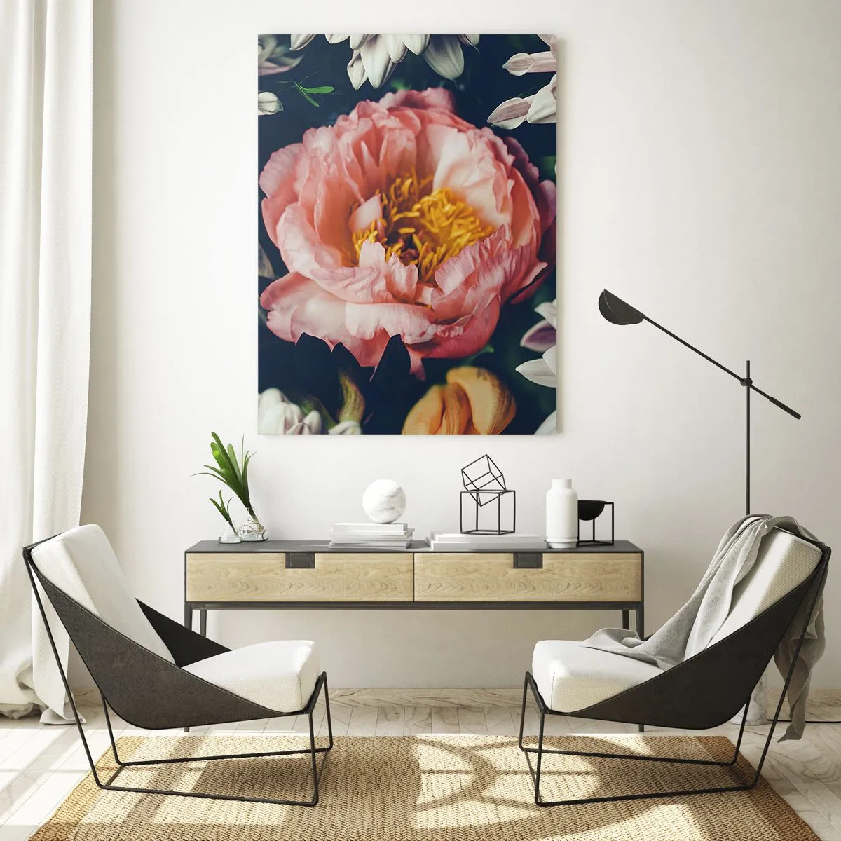 Glasbild - Bild auf glas - Blumenarrangement mit Pfingstrosen und Chrysanthemen auf dunklem Hintergrund - 70x100cm - Mit barocker Pracht - Moderne Wanddekoration für Wohnzimmer und Schlafzimmer ARTTOR