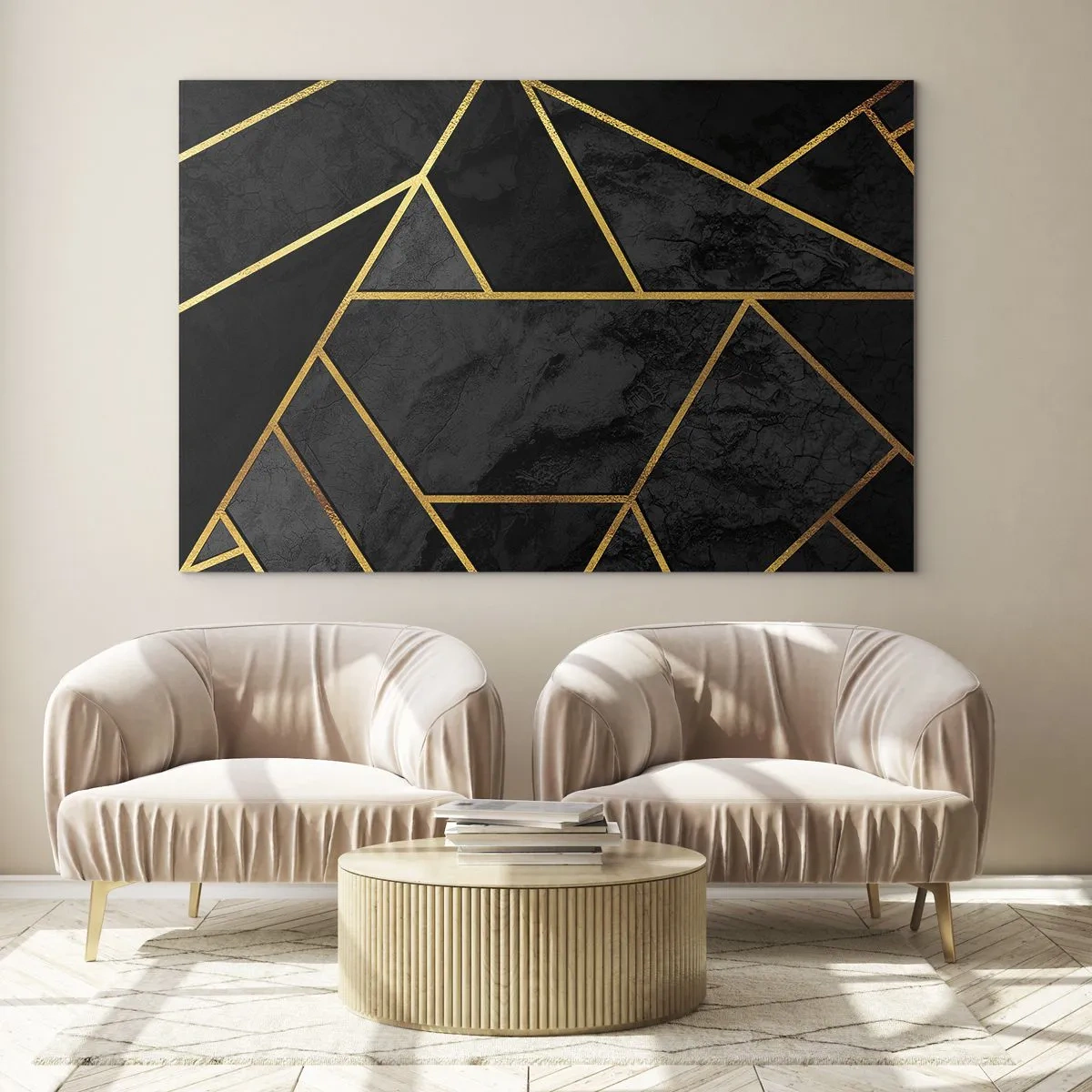 Glasbild - Bild auf glas - Geometrische Komposition in Schwarz und Gold auf Marmorhintergrund - 100x70cm - Dunkelheit und Glanz - Moderne Wanddekoration für Wohnzimmer und Schlafzimmer ARTTOR