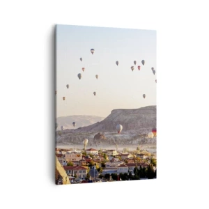 Bild auf Leinwand - Leinwandbild - Kappadokien mit Ballons vor der Kulisse malerischer Hügel - 50x70cm - Wie Schiffe am Himmel - Moderne Wanddekoration für Wohnzimmer und Schlafzimmer ARTTOR