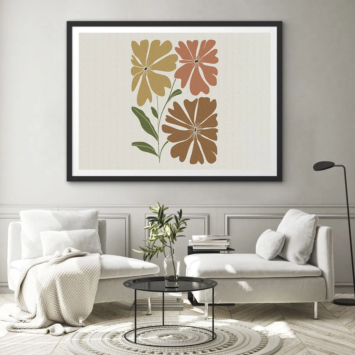 Poster in einem schwarzem Rahmen - Drei Blumen in warmen Farben auf hellem Hintergrund - 100x70cm - Natur und Geometrie - Moderne Wanddekoration für Wohnzimmer und Schlafzimmer ARTTOR
