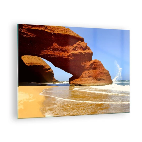 Glasbild - Bild auf glas - Rote Felsbögen über dem Strand und dem Meer - 70x50cm - Wasser und Wind seit Tausenden von Jahren - Moderne Wanddekoration für Wohnzimmer und Schlafzimmer ARTTOR