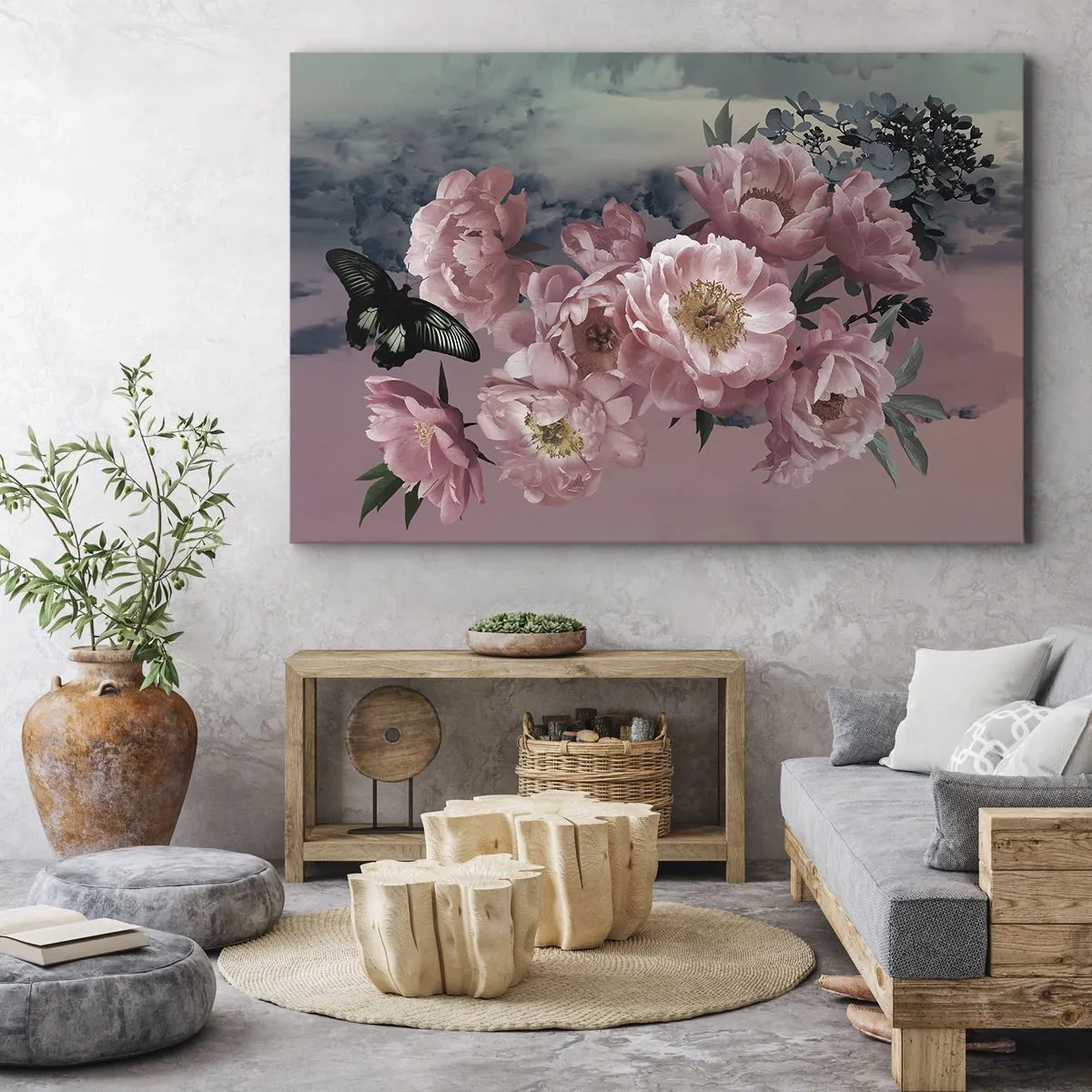 Bild auf Leinwand - Leinwandbild - Rosa Pfingstrosen mit einem Schmetterling auf pastellfarbenem Hintergrund - 120x80cm - Der Höhepunkt der Romantik - Moderne Wanddekoration für Wohnzimmer und Schlafzimmer ARTTOR