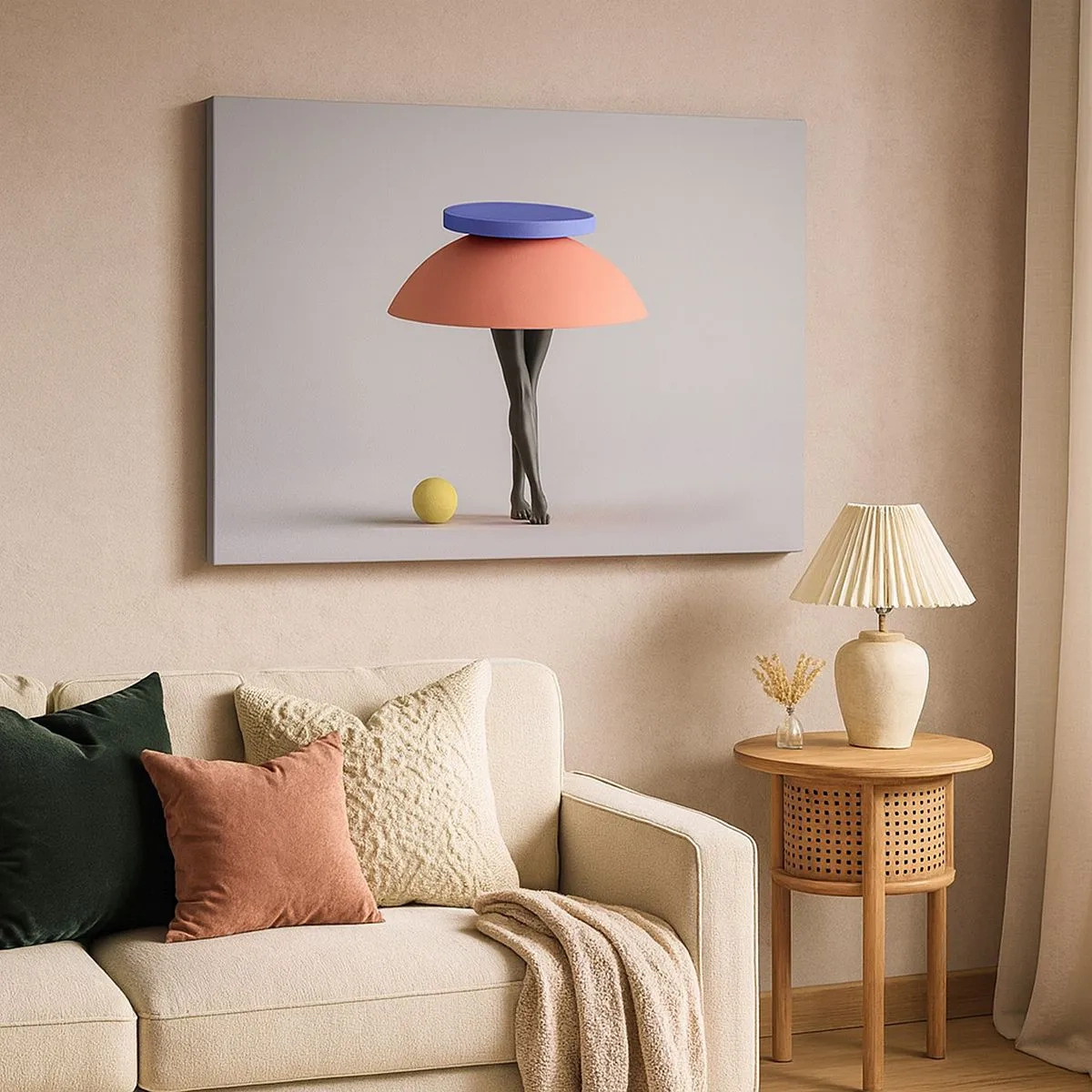 Bild auf Leinwand - Leinwandbild - Abstrakte geometrische Komposition mit Beinen und einem Ball - 70x50cm - Surrealistische Komposition - Moderne Wanddekoration für Wohnzimmer und Schlafzimmer ARTTOR