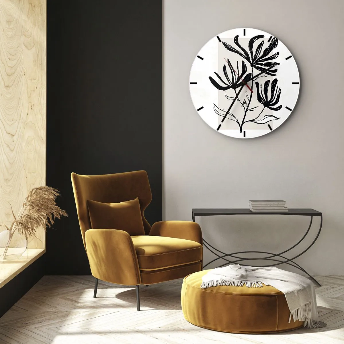 Wanduhr - Glasuhr - Eine schwarze Skizze einer Pflanze auf hellem Hintergrund mit beigem Akzent. - 30x30cm - Skizze für das Herbarium - Moderne Wanddekoration für Wohnzimmer, Küche und Schlafzimmer ARTTOR